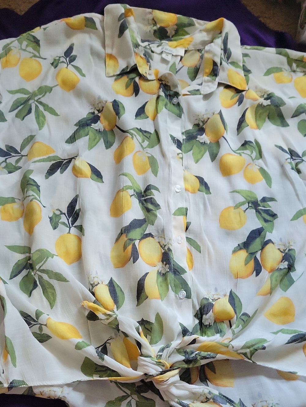 Womens Yellow Lemon Print Button-Down Shirt